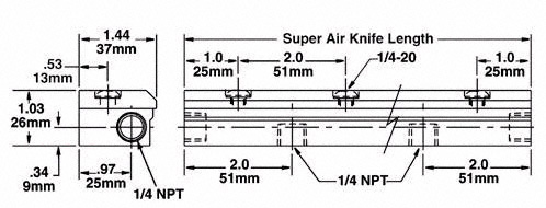 Dimensiones de cortina de aire super air knife Exair de acero inoxidable.