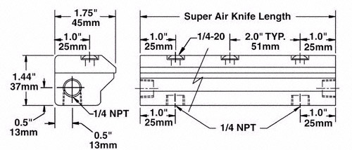 Dimensiones de cortina de aire super air knife Exair de aluminio.