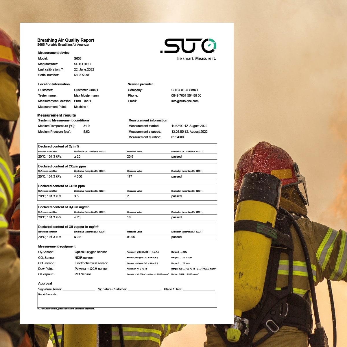 Reporte en tiempo real generado por el S605, con resultados detallados de los parámetros de calidad del aire respirable.